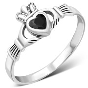 Faceted Black Onyx Claddagh Silver Ring, r546