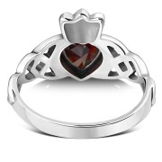 Garnet CZ Celtic Trinity Knot Claddagh Silver Ring, r554