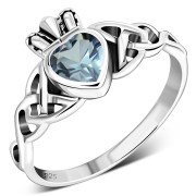 Celtic Trinity Knot Blue Topaz CZ Claddagh Silver Ring, r554