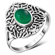 Green Agate Celtic Trinity Knot Silver Ring, r558