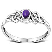 Amethyst Genuine Stone Cab Celtic Knot Silver Ring, r587