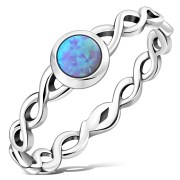 Synthetic Azure Blue Opal Infinity Knot Silver Band Ring, r591