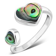 Abalone Shell Double Love Heart Sterling Silver Adjustable Open Ring, r603