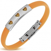 Orange Rubber Butterfly Buckle Push Button Bracelet w/ Stainless Steel Cut-out Love Heart Watch-Style - TCL090