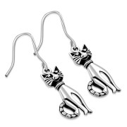 Pussy Cat Sterling Silver Dangle Drop Hook Earrings, tpeh002
