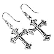 Medieval Cross Sterling Silver Dangle Drop Hook Earrings, tpeh003
