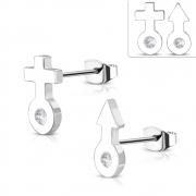 Stainless Steel Male Female Gender Symbol Stud Earrings w/ Clear CZ (pair) - ZEM384