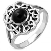 Black Onyx Round Celtic Knot Silver Ring, r533