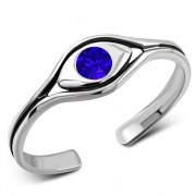 Blue Sapphire CZ Evil Eye Silver Toe Ring, trs4
