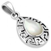 Mother of Pearl Drop Greek Key Silver Pendant, p510
